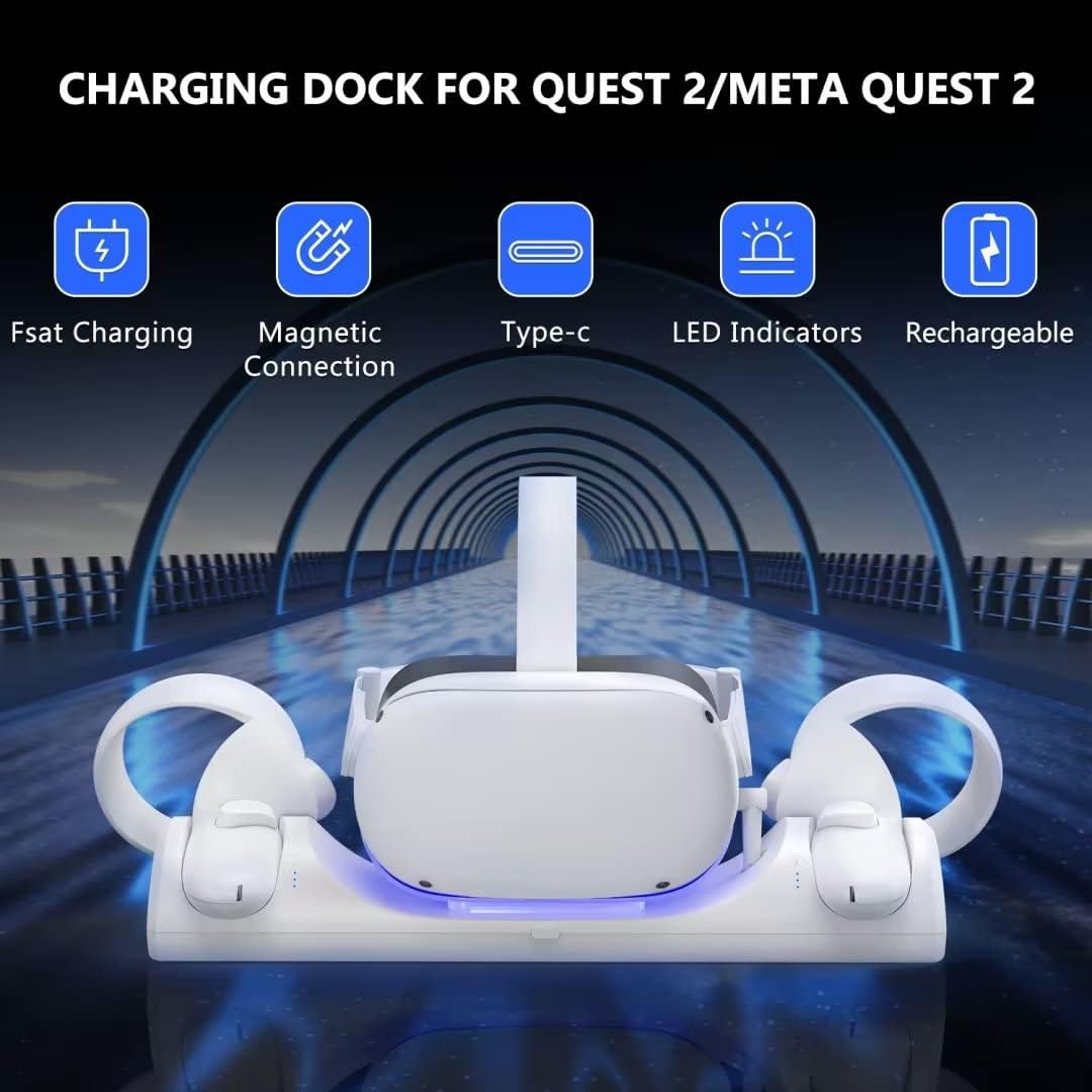 LED Indicator Charging Dock Simultaneously Magnetic Charging Headset and Touch Controller, with 2 Rechargeable Battery and USB-C Charger