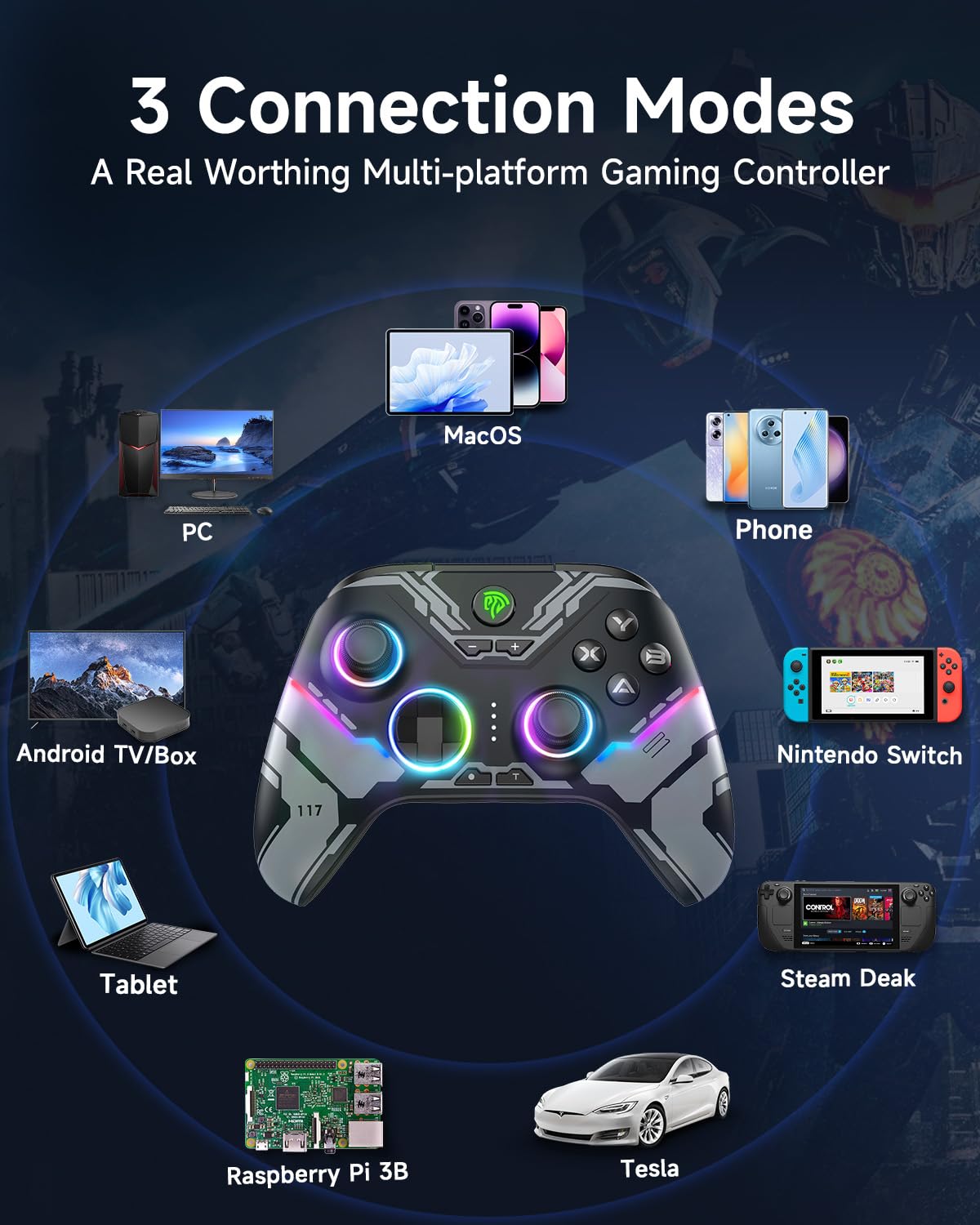 Controller - Enhanced Wireless Bluetooth Controller with Hall Joysticks/Hall Triggers/RGB Lighting - No Stick Drift, No Dead Zone - Work for Windows PC, Android, Steam and Switch