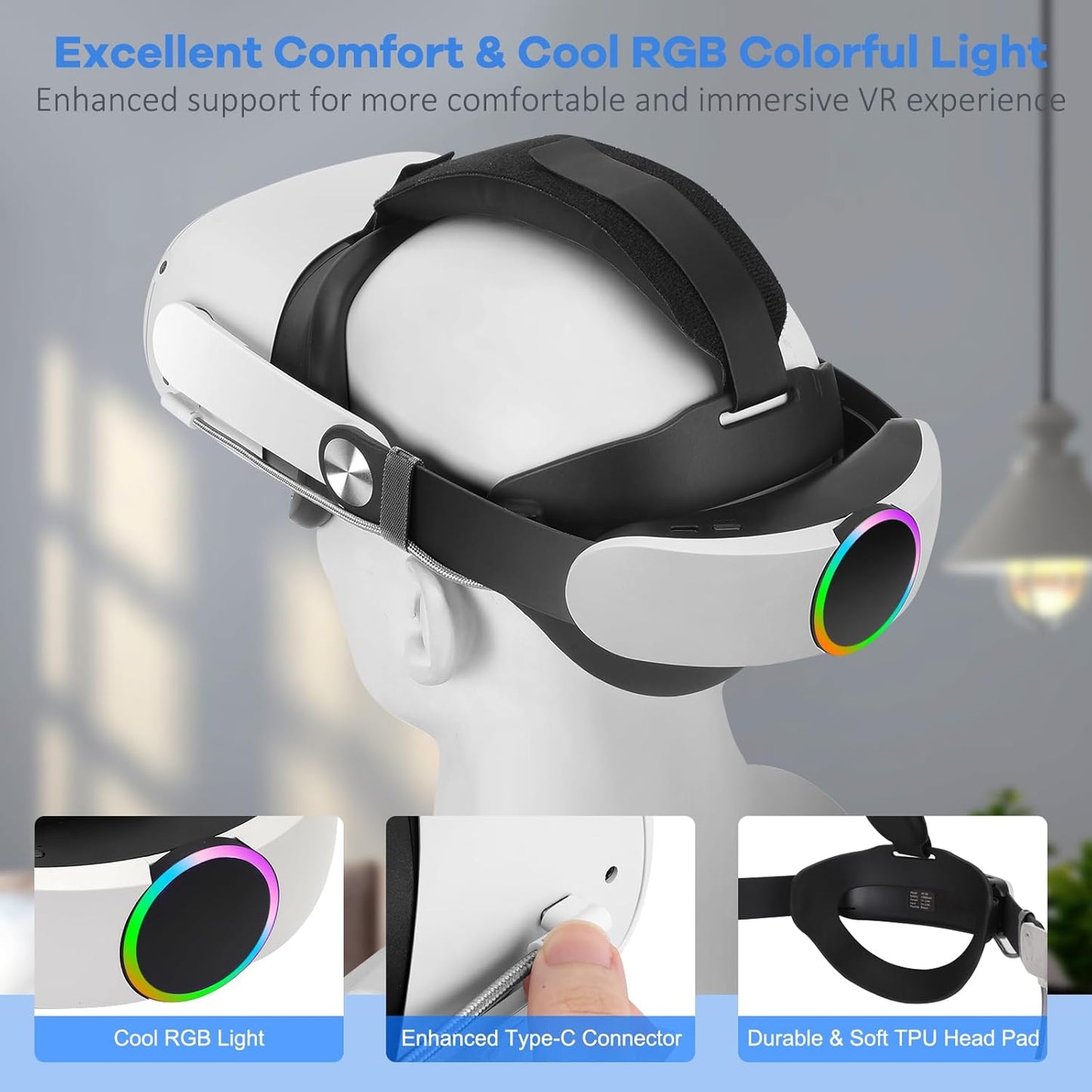 Head Strap with Battery for Oculus Quest 2, 10000mAh Fast Charging Battery Pack Extend 8H Playtime, Adjustable Elite Strap Replacement with RGB Light Enhanced Comfort Support & Balance in VR